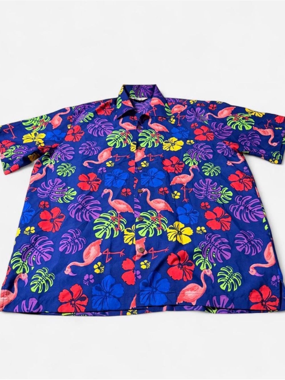 Vintage Alvish Shirt Women L Blue Floral Hawaiian Print With Flamingo’s Tropical
